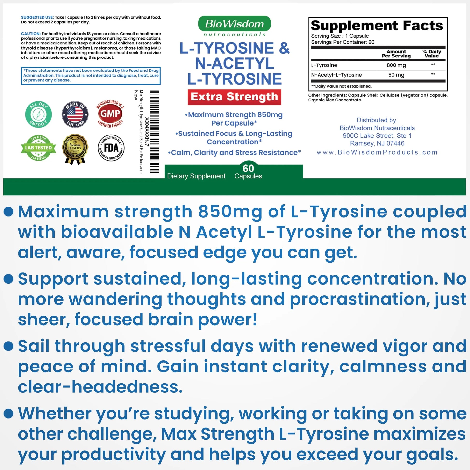 Max Strength L Tyrosine Supplement & N Acetyl L Tyrosine Peak Focus, Alertness, Concentration, Body & Mind Energy. L-Tyrosine 850mg Per 1 Capsule. A Well-Being Nutrient Boost For Performance BioWisdom Nutraceuticals buy supplements Au