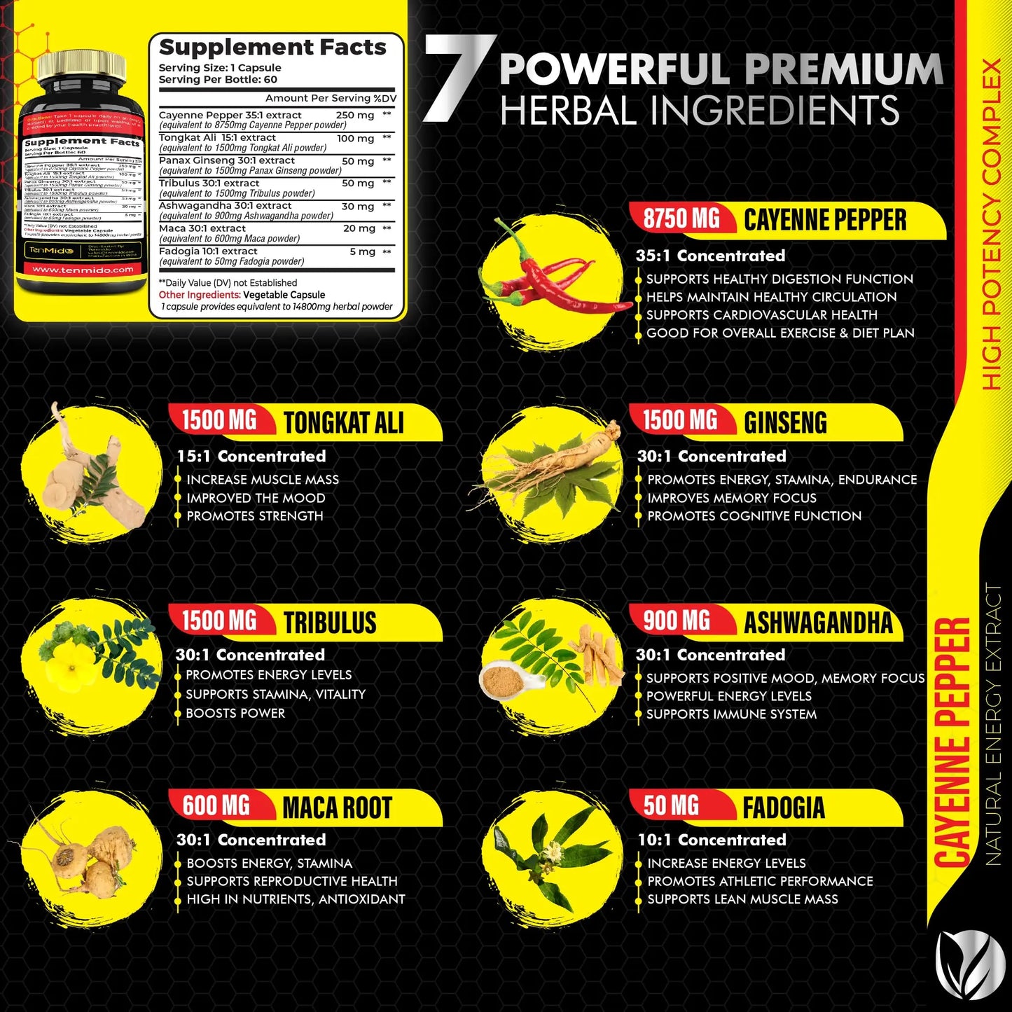 2 Packs 60 Caps 14800mg - Cayenne Pepper Supplements Extract Capsules - Tongkat Ali Tenmido