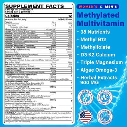 Methylated Multivitamin for Women & Men Gummies w/ Omega-3, Calcium, D3 K2, Methylfolate & B12, TMG, Daily Vitamins, Mag, CoQ10, Probiotic for 18 30 40 50 60 70+, Overall Health - Vegan, Sugar Free NEVISS buy supplements Au
