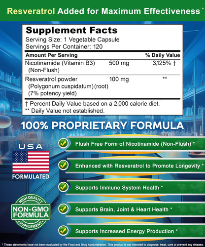aSquared Nutrition Nicotinamide with Resveratrol - 120 Veggie Capsules - Vitamin B3 500mg (Niacinamide Flush Free) - Supplement Pills to Support NAD, Skin Cell Health & Energy aSquared NutritionBuy Supplements Australia