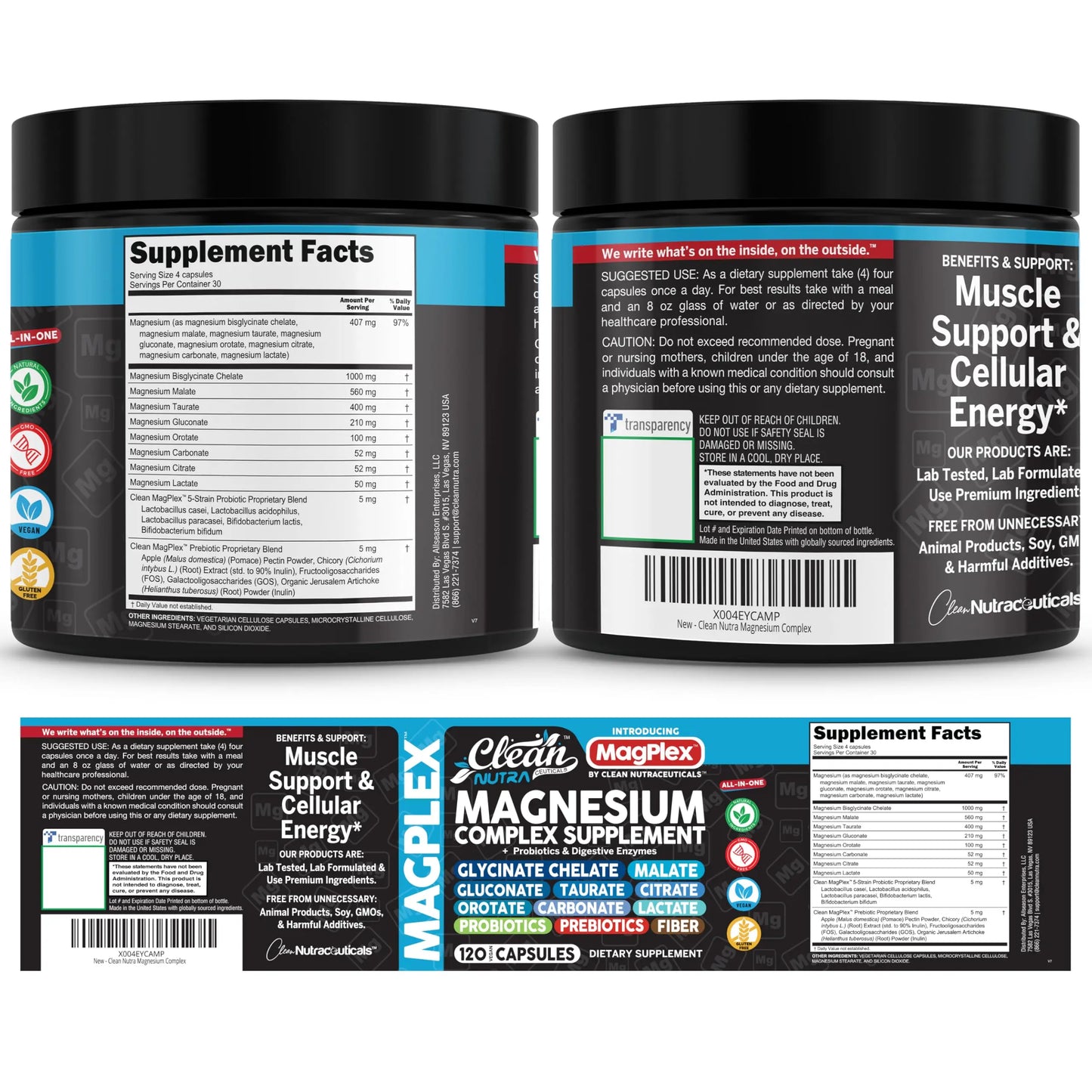 8in1 Magnesium Supplement Complex | Magnesium Glycinate Citrate Malate Gluconate Orotate Carbonate Lactate + Prebiotics Probiotics Digestive Enzymes Magnesio Clean Nutraceuticals