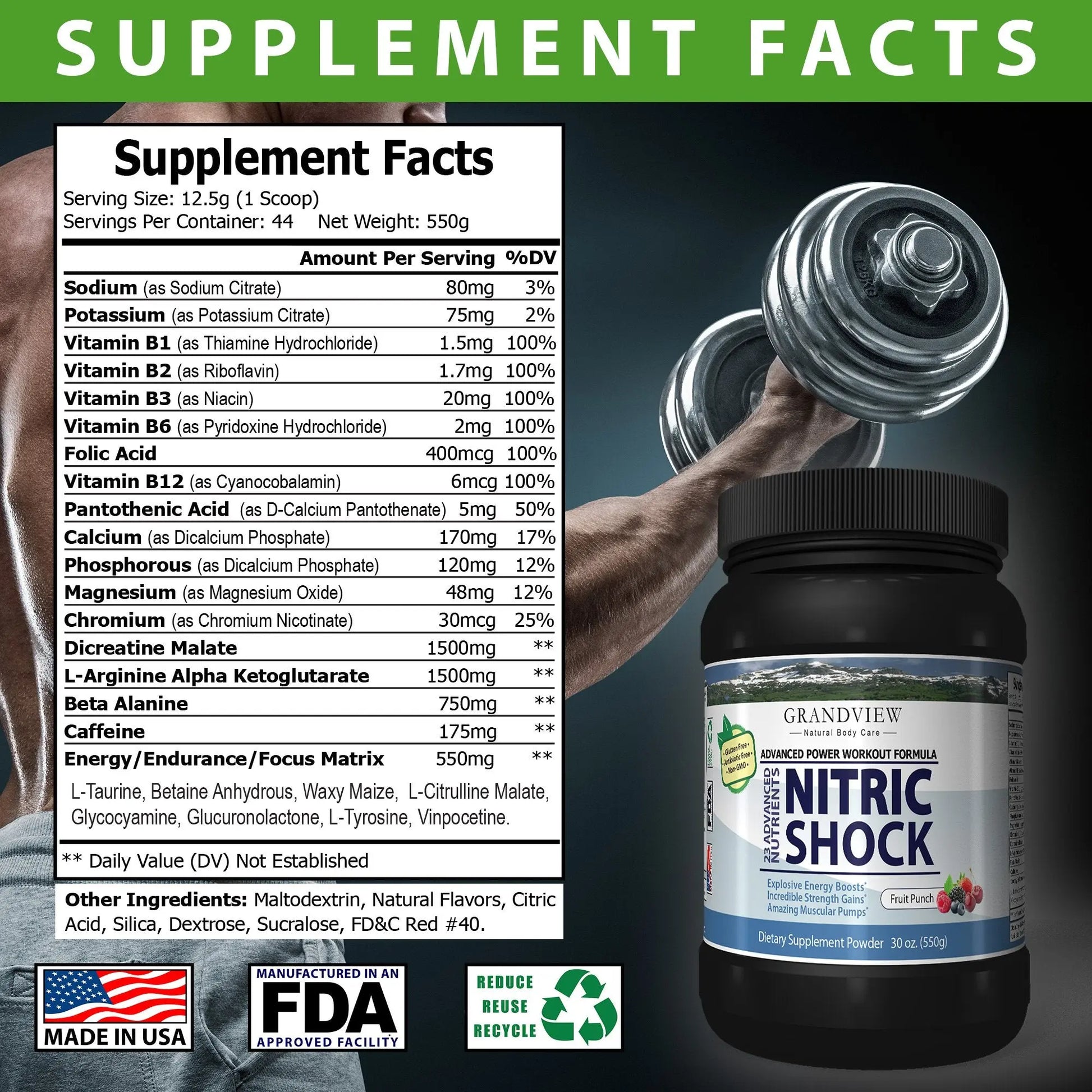 N Shock- Pre Workout Powder, x10 Strength, 44 Servings, (Fruit Punch) Boost Energy Grandview Natural Body Care