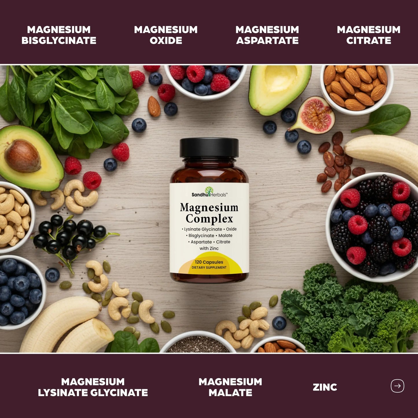 Complete Magnesium Complex 500mg for Women & Men | 120 Capsules | 6 in 1 Mag Supplement with Zinc | Quality Sleep & Muscle Health | Glycinate, Citrate SANDHUHERBALS