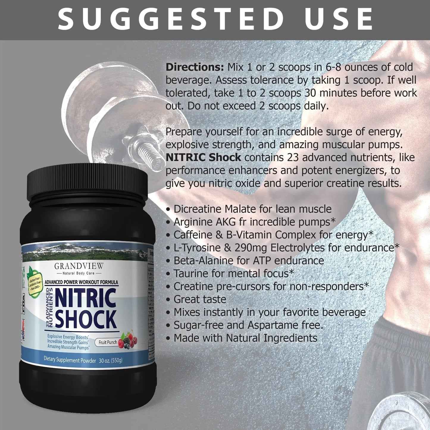 N Shock- Pre Workout Powder, x10 Strength, 44 Servings, (Fruit Punch) Boost Energy Grandview Natural Body Care