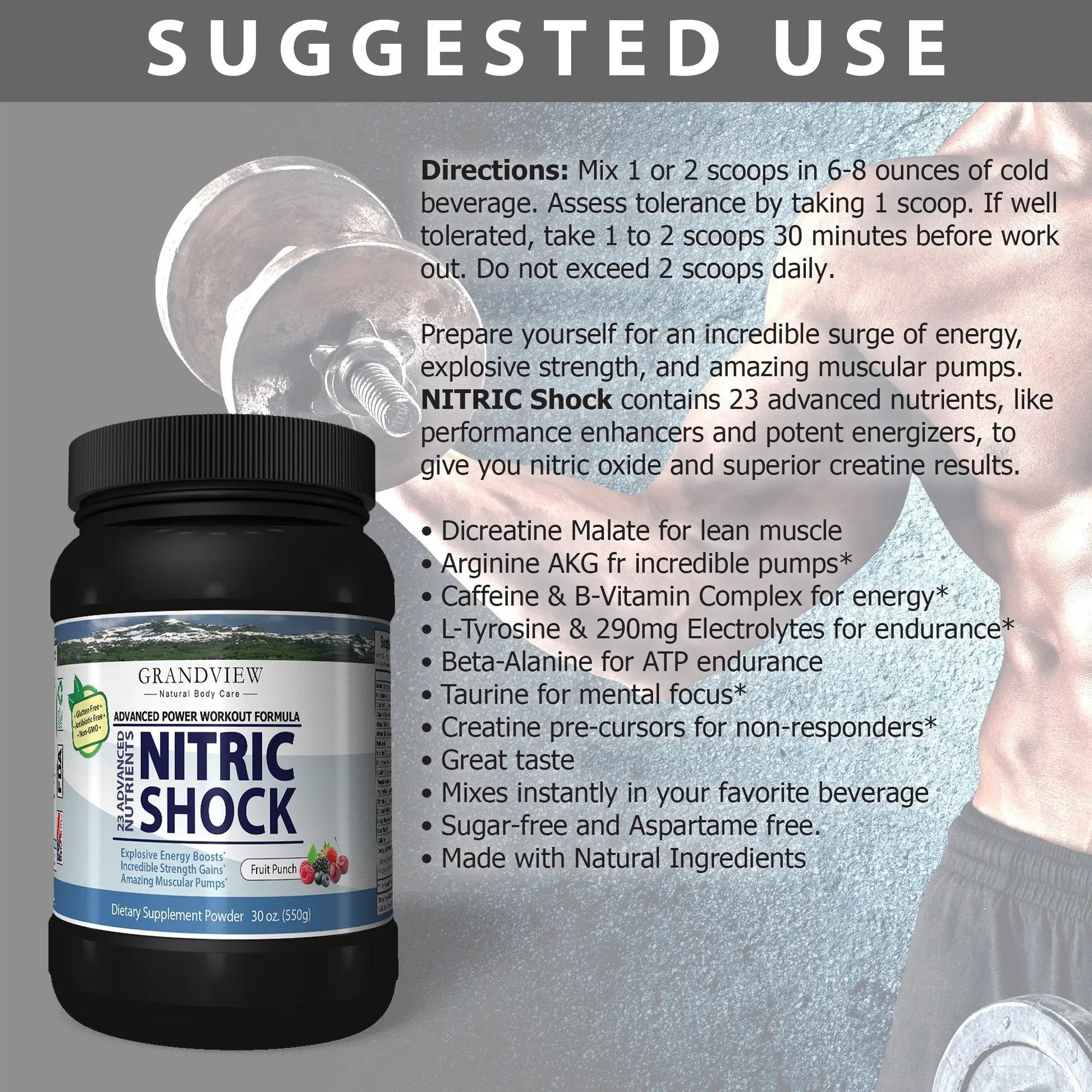 N Shock- Pre Workout Powder, x10 Strength, 44 Servings, (Fruit Punch) Boost Energy Grandview Natural Body Care