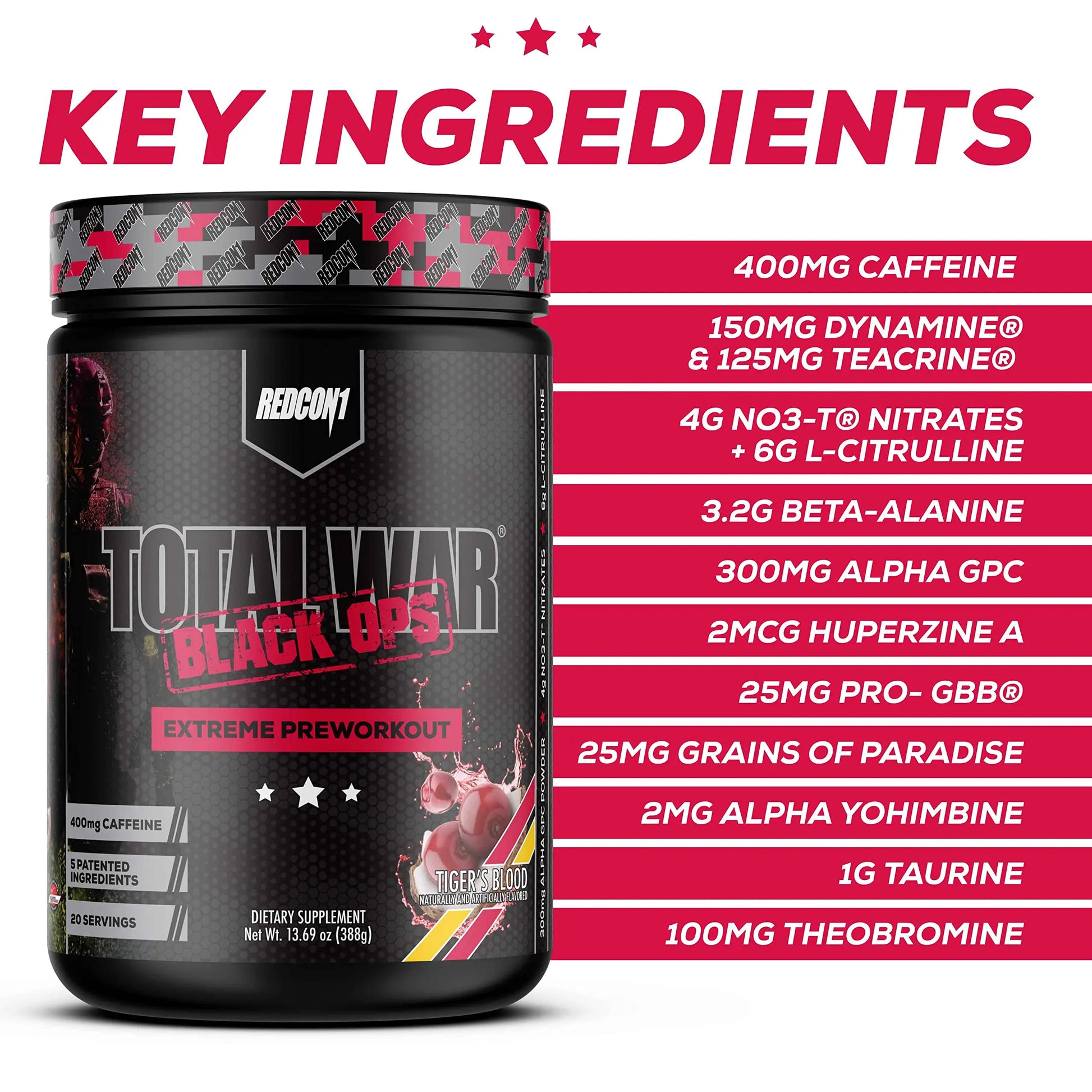REDCON1 Total War Black Ops Extreme Preworkout Powder, Tigers Blood, High Stimulant REDCON1