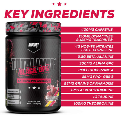 REDCON1 Total War Black Ops Extreme Preworkout Powder, Tigers Blood, High Stimulant REDCON1