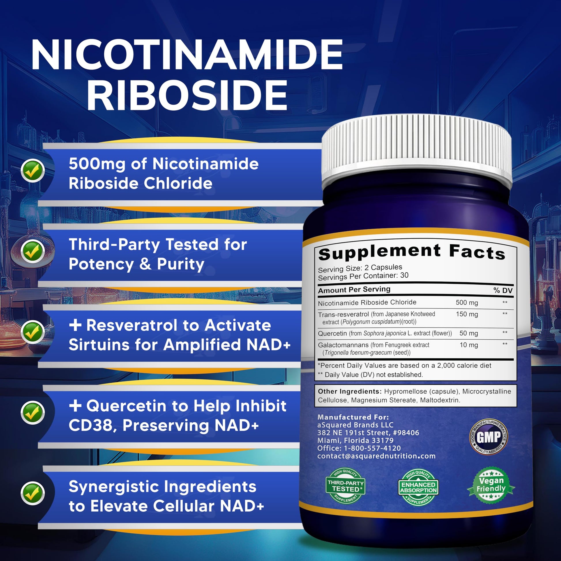 aSquared Nutrition NAD Resveratrol Supplement - NAD+ Nicotinamide Riboside 500mg (Vitamin B3) Plus Trans-Resveratrol & Quercetin - NMN Alternative for Men & Women - 60 Capsules aSquared NutritionBuy Supplements Australia