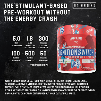 Ignition Switch Pre-Workout with CarnoSyn, TeaCrine, Infinergy, and AgmaMax, Long Lasting Axe & Sledge