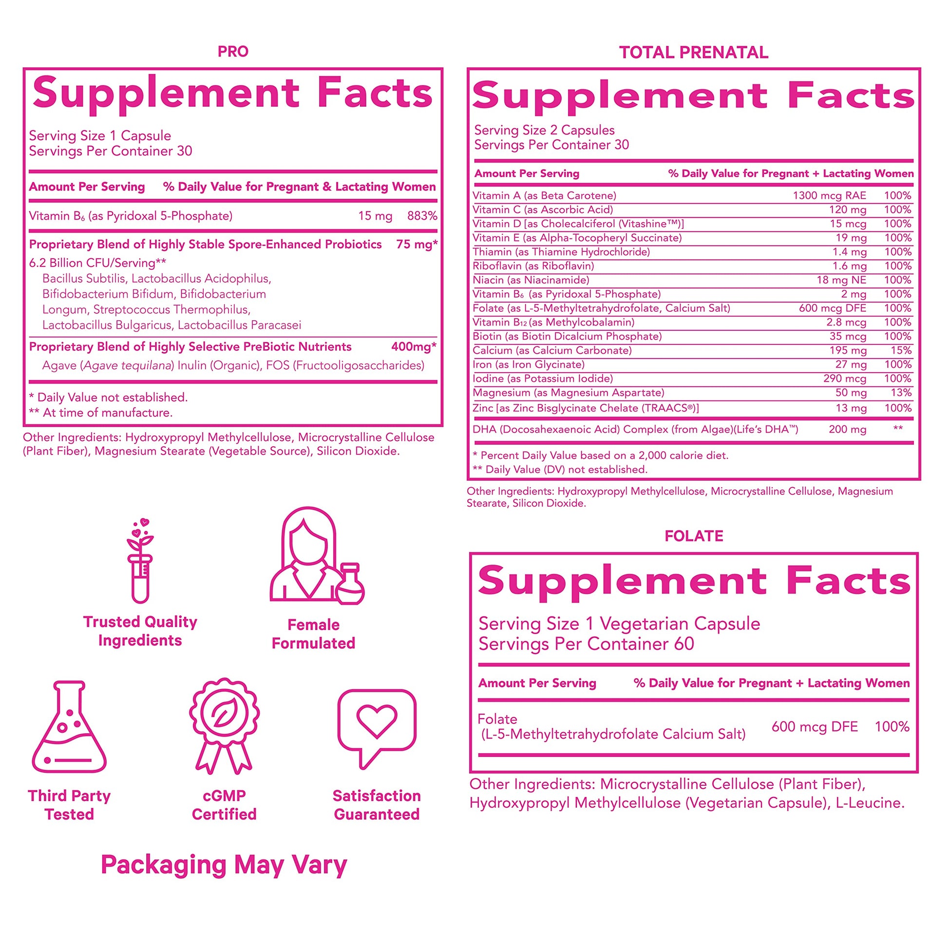 Pink Stork Ultimate Prenatal Vitamin Trio: Total Prenatal + Pro + Folate, Pregnancy Probiotic for Women Pink Stork