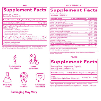 Pink Stork Ultimate Prenatal Vitamin Trio: Total Prenatal + Pro + Folate, Pregnancy Probiotic for Women Pink Stork