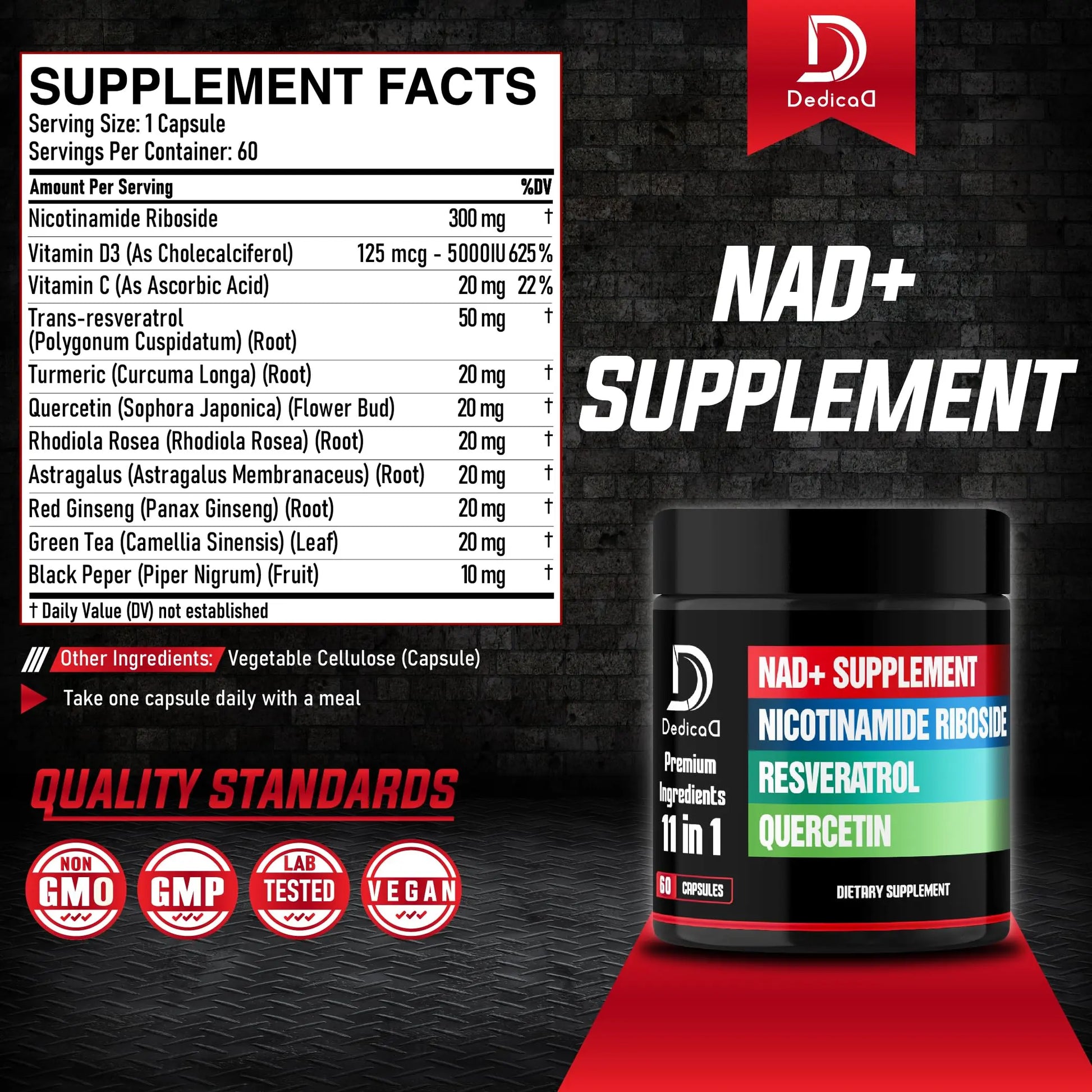 DEDICAD 11in1 NAD Supplement with Nicotinamide Riboside, Quercetin, Resveratrol and 8 More - 2 Month Supply DEDICAD buy supplements Au