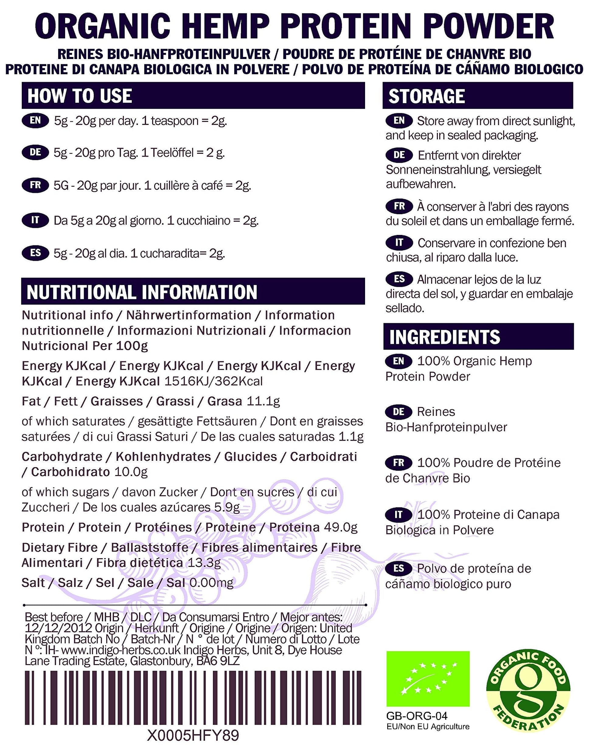 Indigo Herbs Organic European Hemp Protein Powder 1kg Indigo Herbs