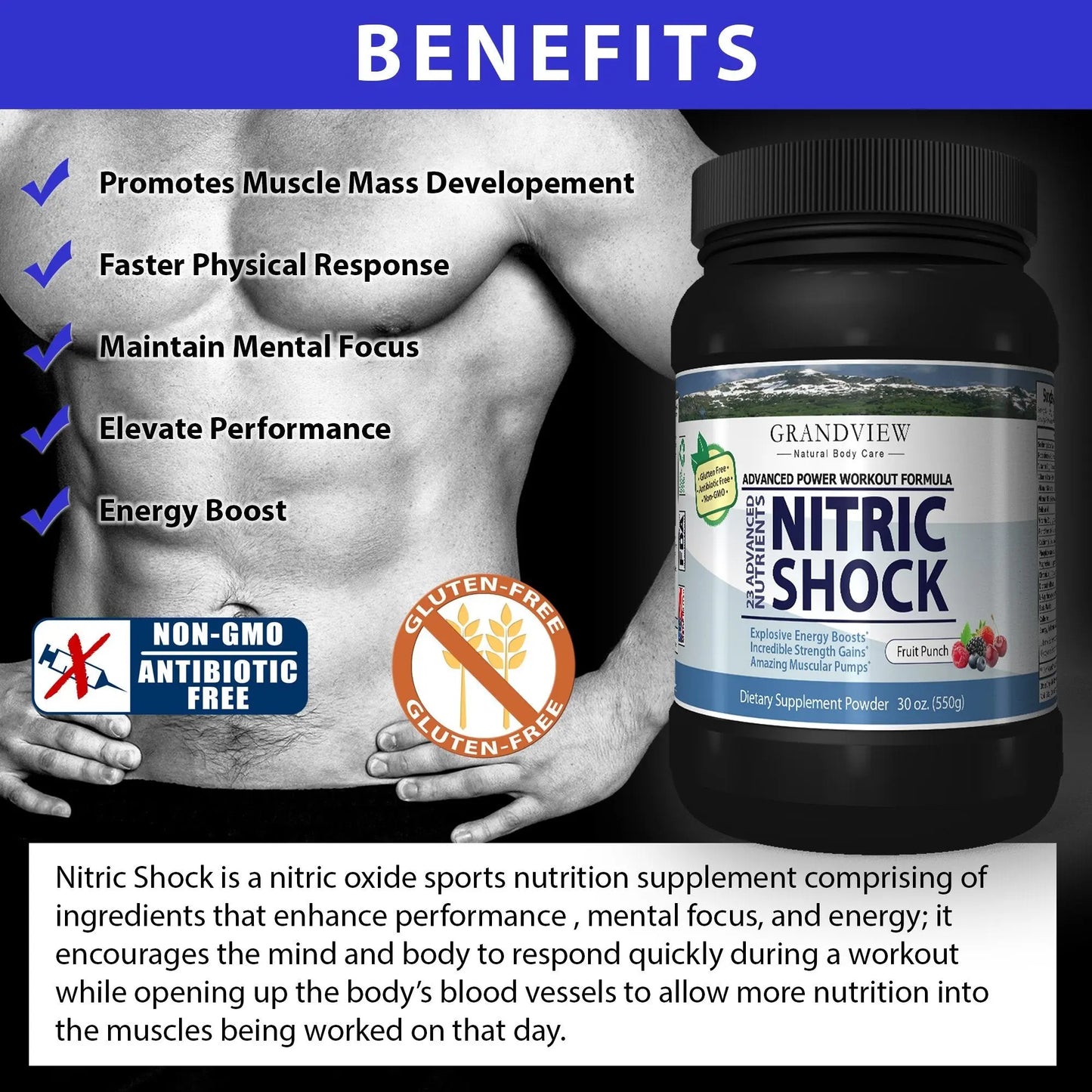 N Shock- Pre Workout Powder, x10 Strength, 44 Servings, (Fruit Punch) Boost Energy Grandview Natural Body Care