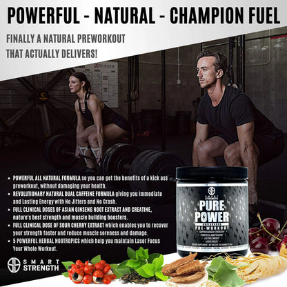 Pre Workout, Best All Natural PreWorkout Supplement. Pure Power, Healthy Pump, Clean SMART STRENGTH