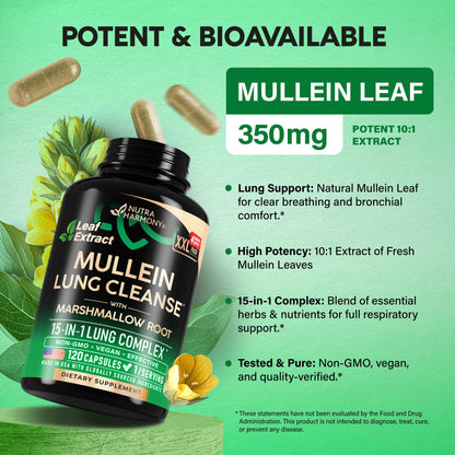 Mullein Lung Detox - Mullein Leaf Extract - Marshmallow Root | Echinacea | Oregano | Quercetin | NAC - 15-in-1 Lung Support & Cleanse for Smokers Supplement