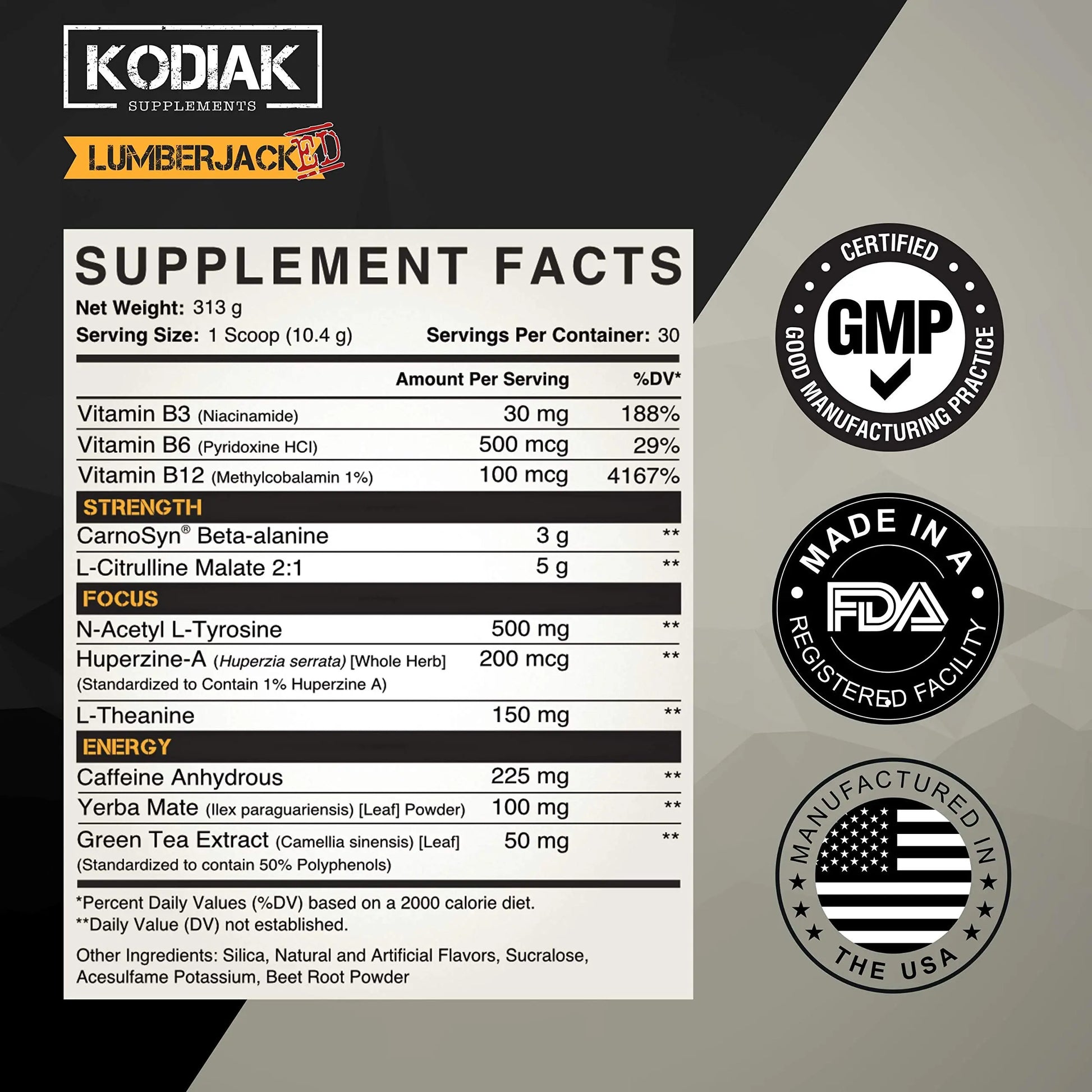 Kodiak Supplements LUMBERJACKED Pre-Workout Supplement with CarnoSyn 30 Servings Kodiak Supplements