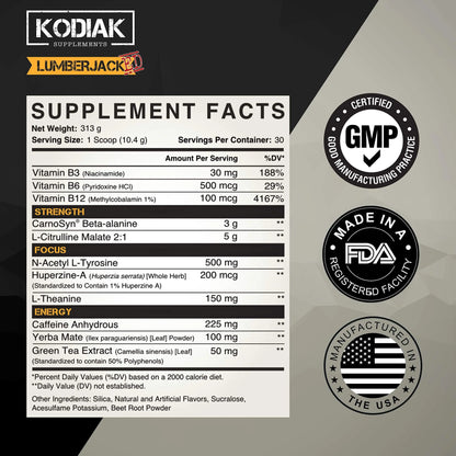 Kodiak Supplements LUMBERJACKED Pre-Workout Supplement with CarnoSyn 30 Servings Kodiak Supplements