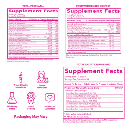 Pink Stork New Mom Necessities Bundle: Postnatal Vitamin with DHA and Folic Acid, Lactation Probiotic Pink Stork